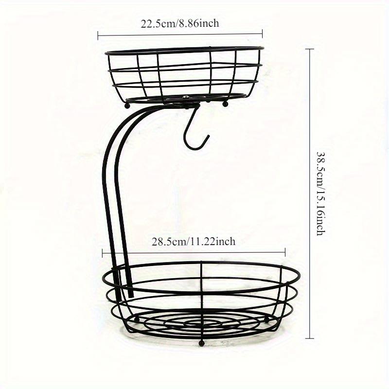 

Двухъярусная восьмиугольная корзина для фруктов из нержавеющей стали со съемными крючками для бананов - Компактный органайзер для кухонной столешницы чёрный