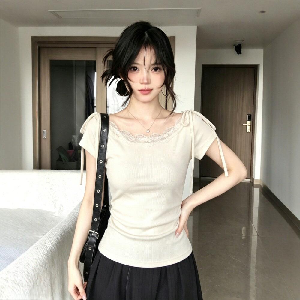 [Grazhi Refined Cotton] Spice Girl Style Strap Short Sleeve T-Shirt Women's Summer Lace Splicing Slim Skinny Top