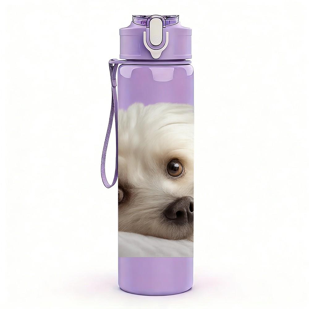 1PC White Dog Tired Lying Portrait 750ml Color Plastic Sports Water Bottle Leakproof Flip Straw Lid Suitable for Sports Office Home Use