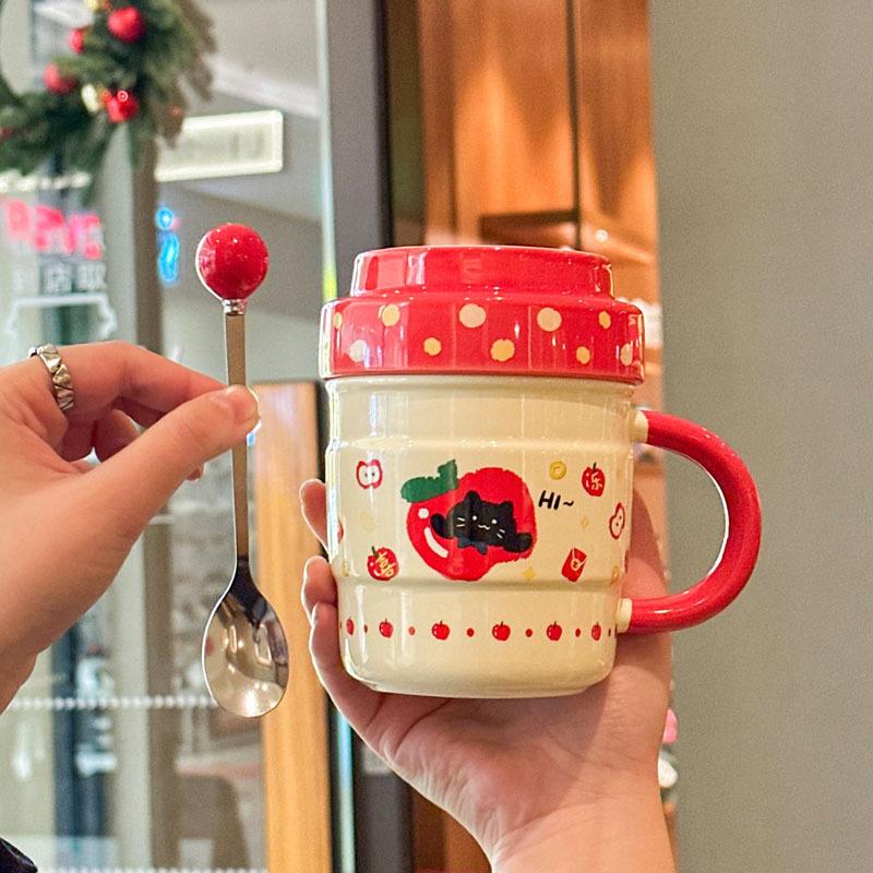 High-value apple mug couple pair cup household drinking cup cute ceramic cup with lid female birthday gift