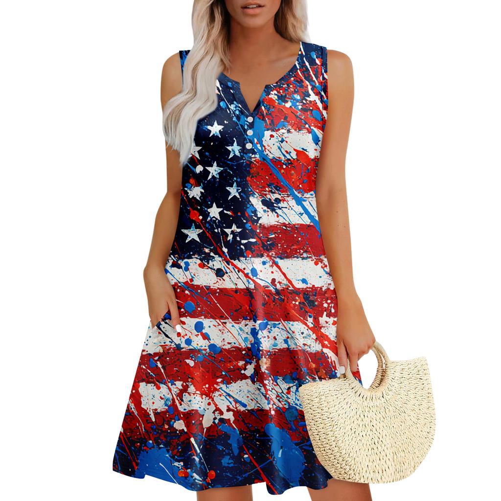 Damen Sommerkleider Lockeres V-Ausschnitt Ärmelloses Sommerkleid Kleid Mit Taschen