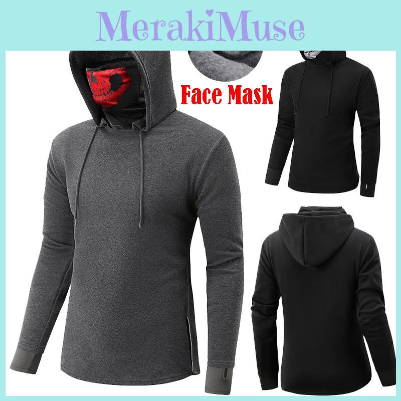 Mens Face Mask Skull Hoodies Drawstring Pullover Sweatshirts Costume Jumper