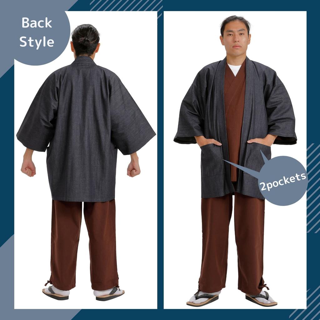 Edoten Haori (Japanese-style happi coat) Jacket, Made in Japan, Washable, Dark Navy Blue Denim, Size L, Ideal for Work or Field Wear