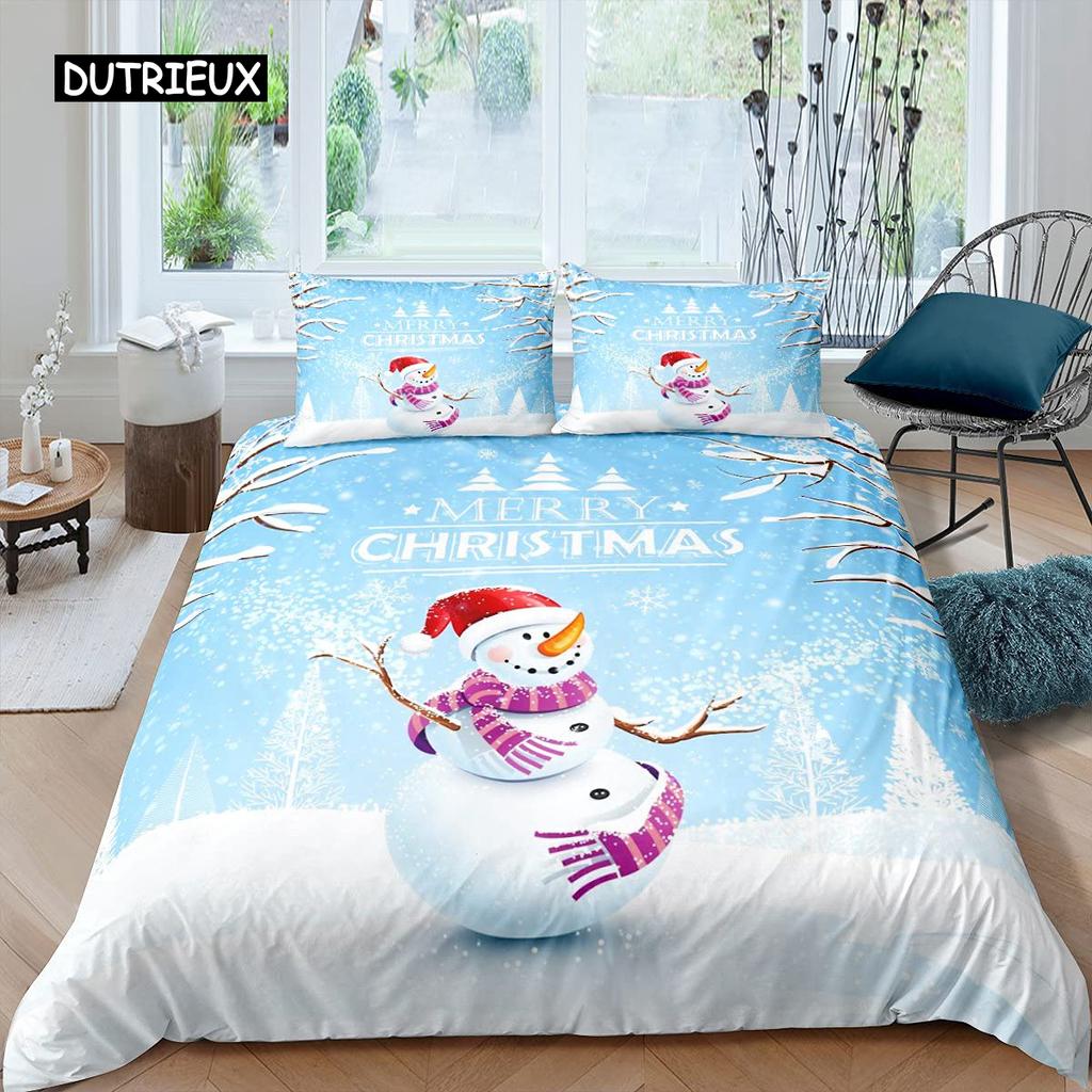 Schneemann Bettbezug Set Kinder Mädchen Weihnachten Bettdeckenbezug Winter Schnee Bettwäsche Set Neujahr Cartoon Stil Polyester Steppdeckenbezug