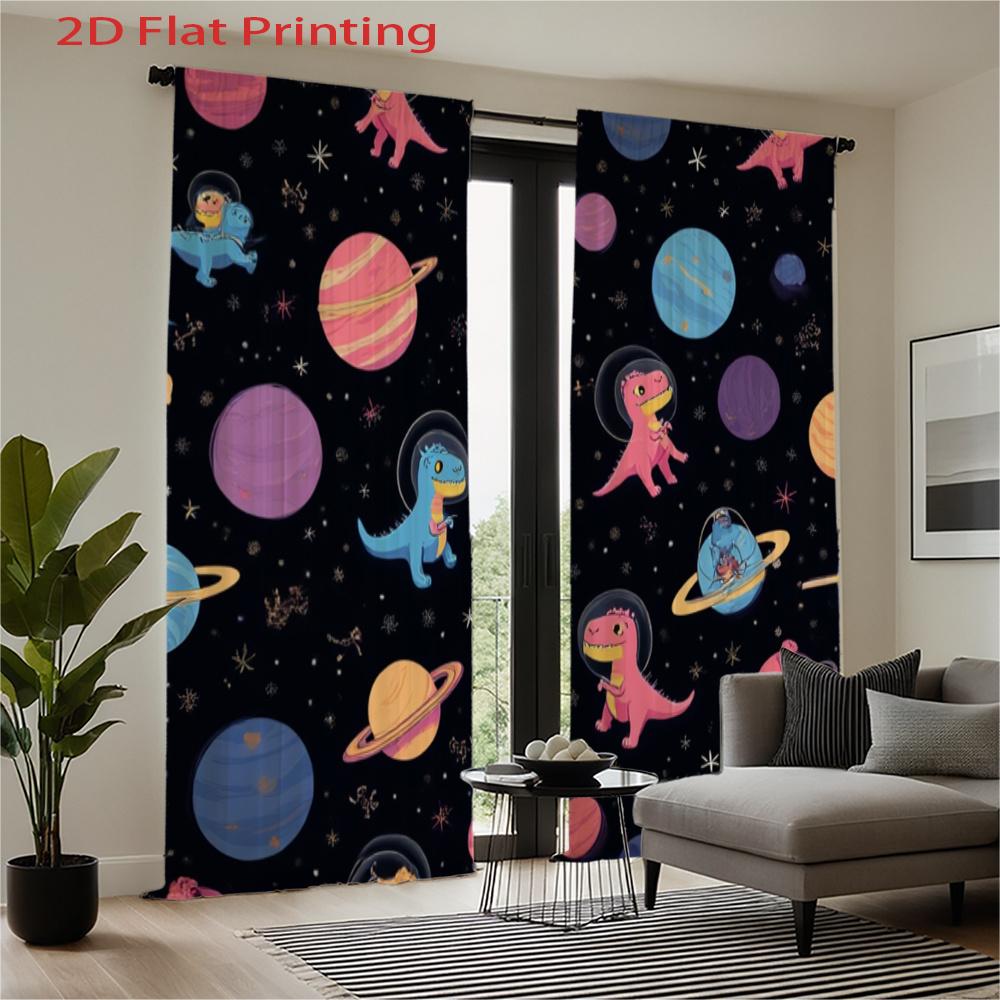 Cute Dinosaur Space Print Curtains Flat Printing Design Semi Transparent Polyester Fabric Vibrant Cartoon Set Of 2 Made With Rod Pocket