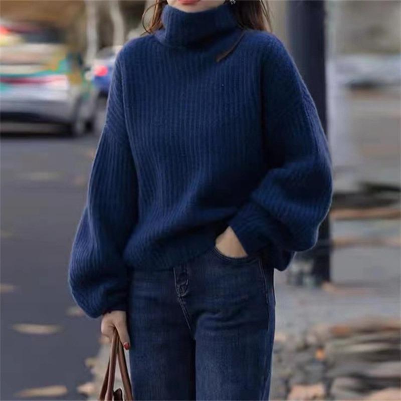 

Однотонная универсальная водолазка, вязаная нижняя рубашка, женский осенне-зимний новый свободный пуловер-свитер с высоким воротом, внутренний one size fits all тёмно-синий