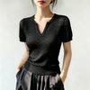 Women's White Hollow Diamond Knit Notch V Neck Slim Short Sleeve Knit Top