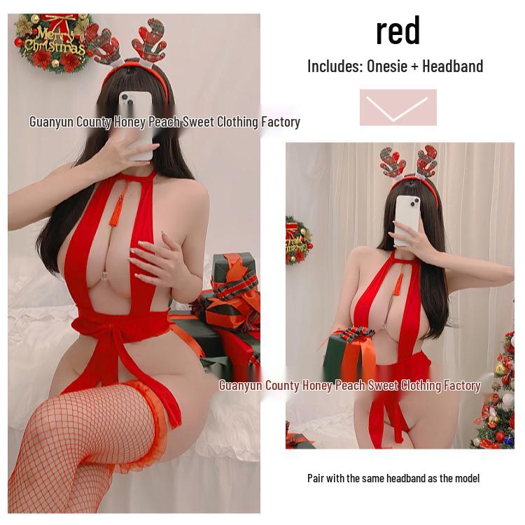 Reindeer Cosplay Christmas Sexy Lingerie Set - Tassel Bow Bodysuit with Open Crotch and Open Cup