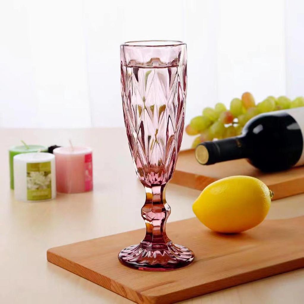 Vintage Tall-Stemmed Champagne and Wine Glasses, Embossed Thickened Juice Cups, Retro Cocktail Style