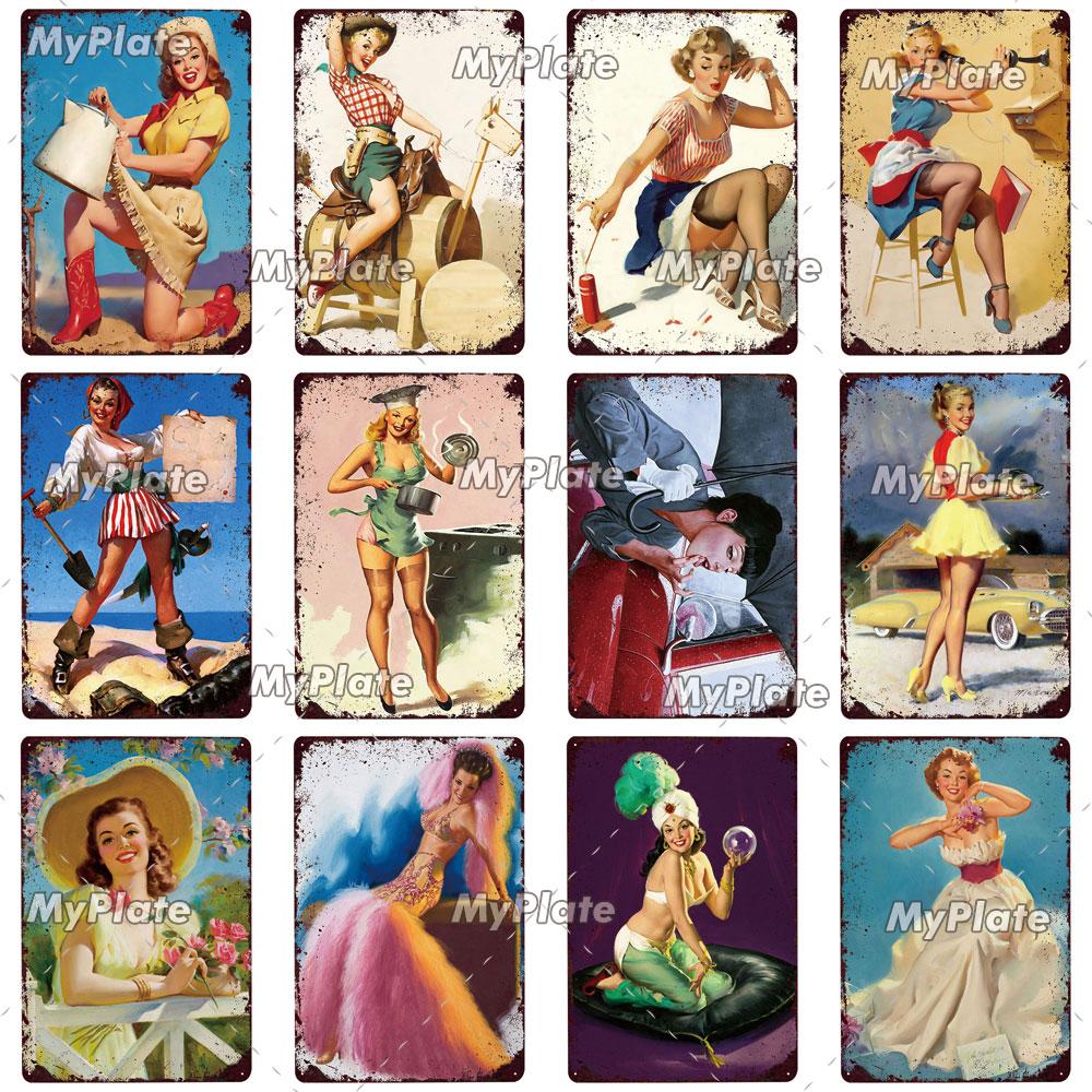Beauty Woman Metal Sign Bar Pub Decor Plaque Metal Vintage Crafts Home Decor Painting Plaques Art Pinup Poster