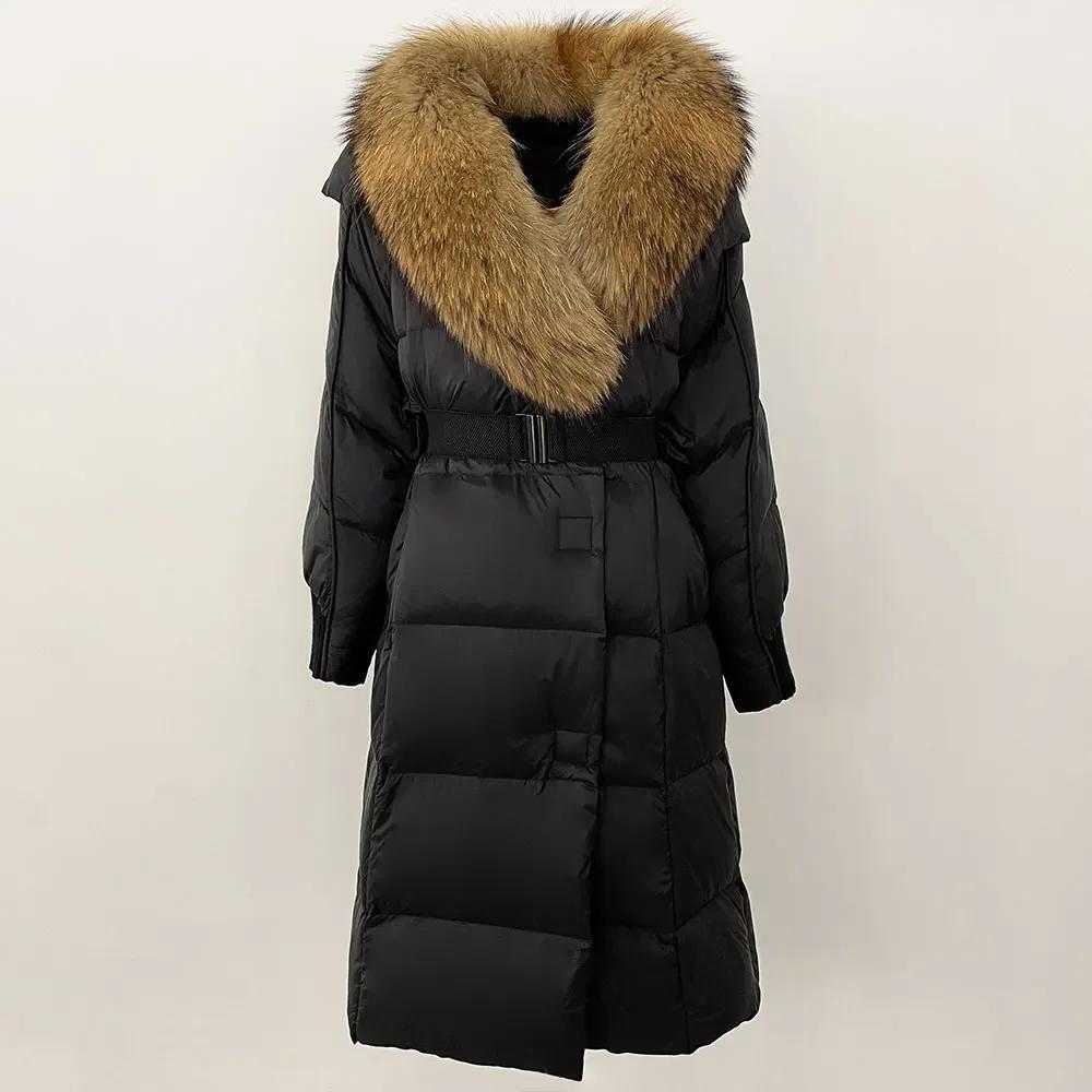 OFTBUY Winter Jacket Women Long Natural Real Raccoon Fox Fur Collar White Duck Down Coat Belt Thick Warm Casual Outerwear