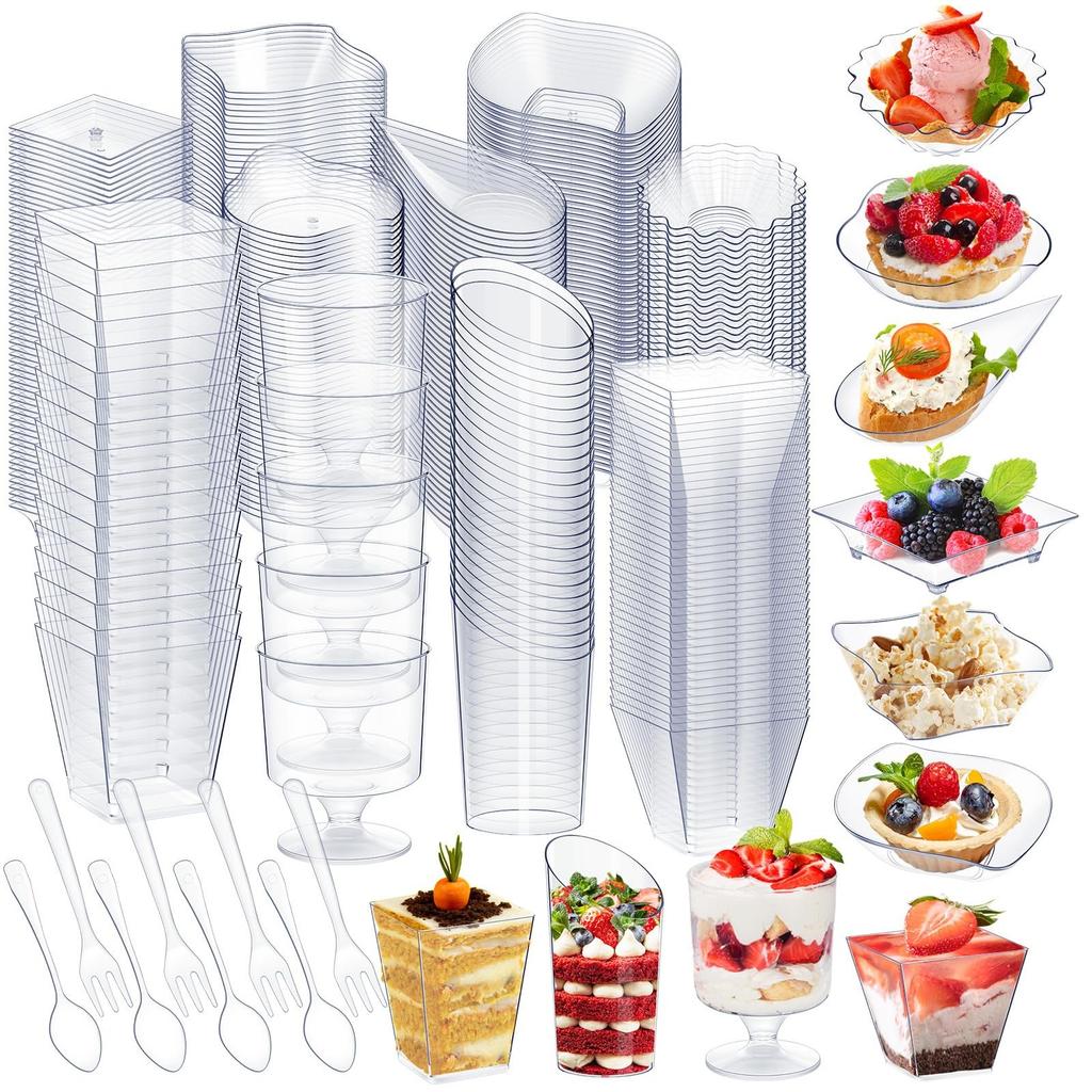 450pcs Transparent  Plates Dessert Cups Spoon Fork Set Multi-Shape Plastic Ice Cream Cups Disposable Tableware Party Dining Accessories