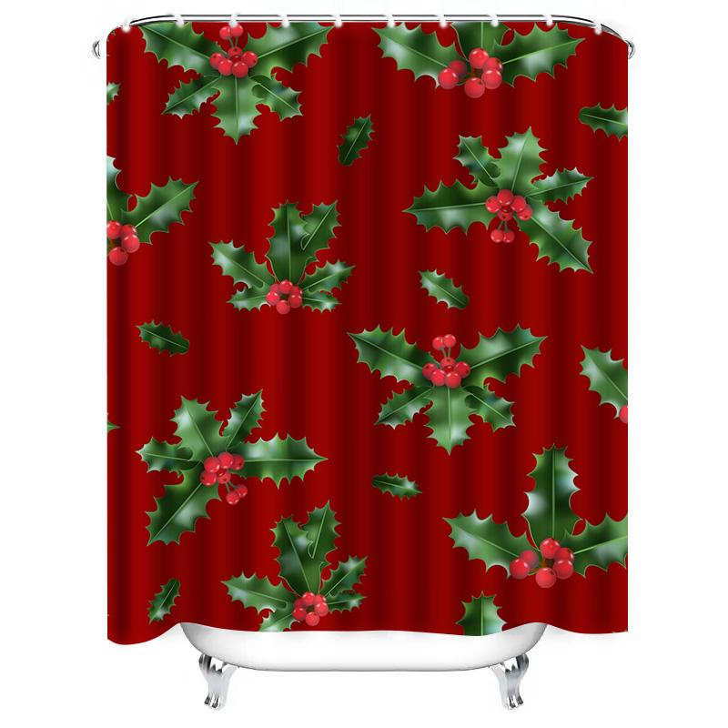 TU Bathroom Shower Curtain Christmas Holiday Festive Decor Red Green Holly Berry Pattern Waterproof Fabric Backdrop for Spa