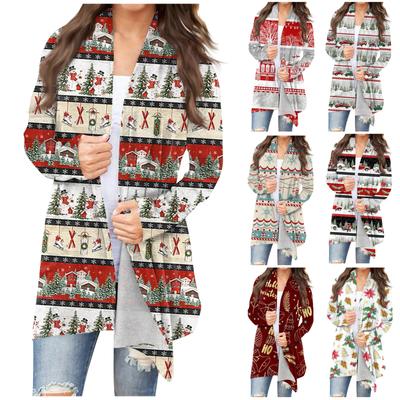 Women's Fashion Casual Christmas Print Medium Length Cardigan Jacket Coat