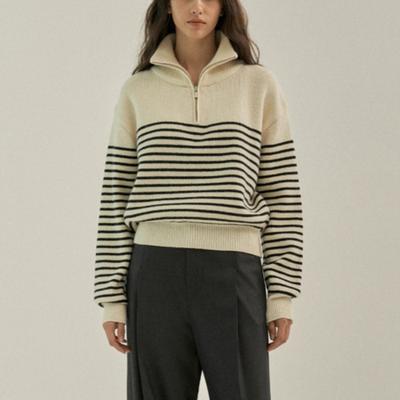 Autumn and Winter New Loose Casual Sweater Women's Semi-zipper Pullover Striped Knitted Sweater Top