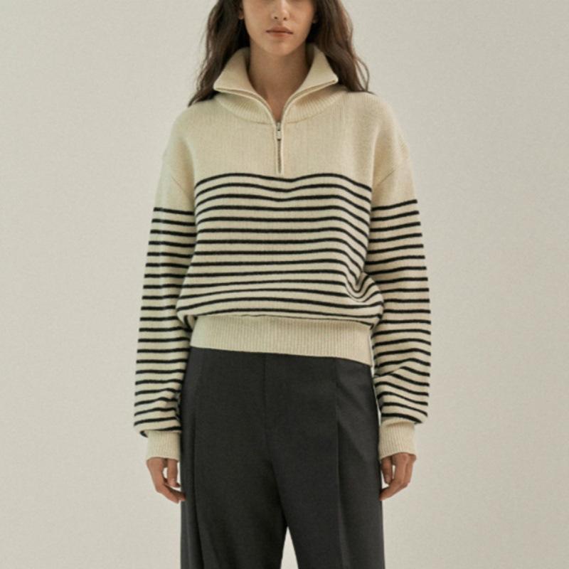 

Autumn and winter new loose casual sweater women s semi-zipper pullover striped knitted sweater top one size fits all