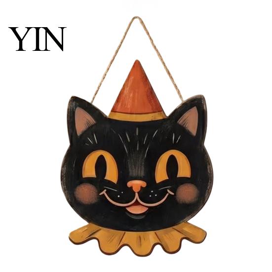 Outdoor Ghost Door Decorations Halloween Wooden Hanging Pendant with Lanyard, Retro Ghost/Pumpkin/Skull/Black Cat Black Wall Art for Front Porch Party