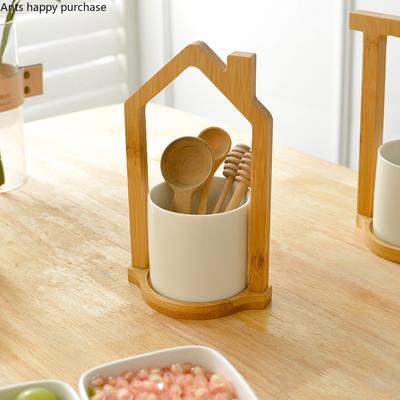 Zestaw Łyżka Widelec do Owoców Drewniany Ceramiczny Słoik do Przechowywania Butelka do Przechowywania Organizer Patyczek do Owoców Łyżeczka do Deseru Widelec do Ciasta Łyżka do Mieszania