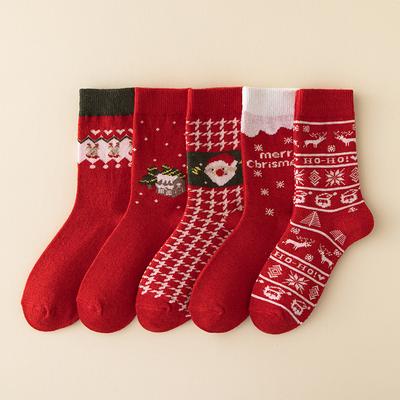 5 Pairs of Female Autumn and Winter Thick Warm New Year Red Tube Socks