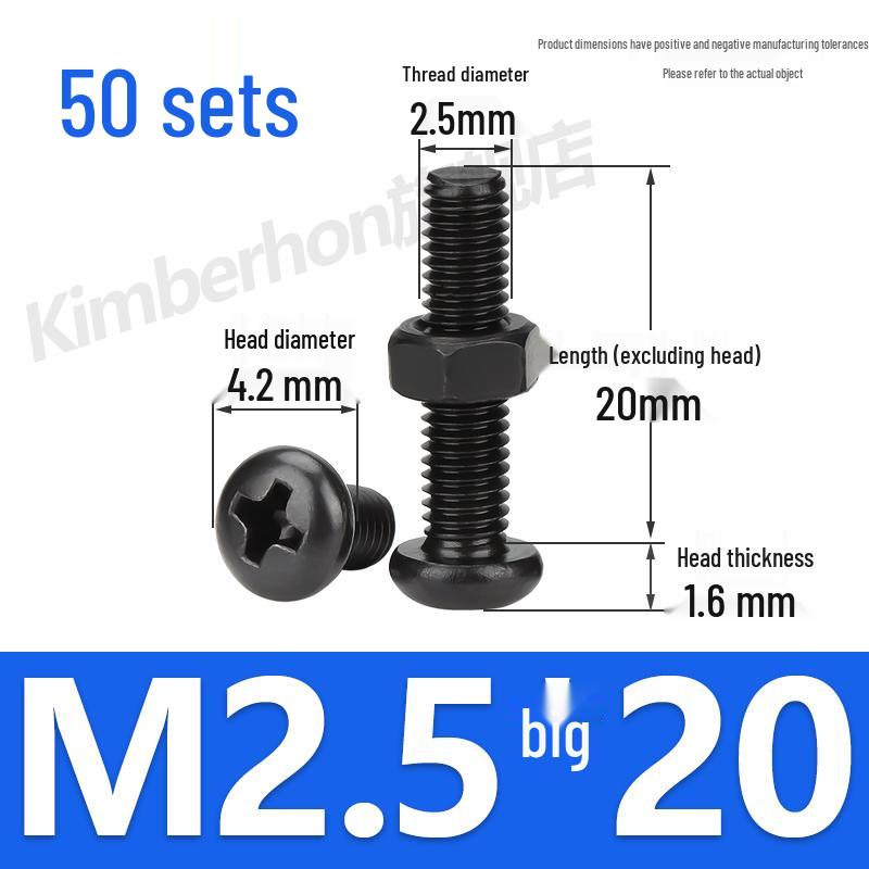 Complete Set of Black 304 Stainless Steel Phillips Round Head Screws and Nuts - M2M3M4M5M6MM.
