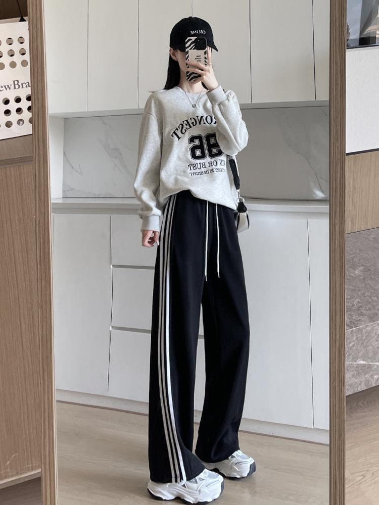 Striped Sports Pants, Women's Spring and Autumn Straight Leg Loose Sweatpants, Lazy Three Bar Wide Leg Pants