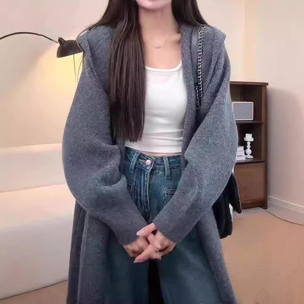 Live stream explosion Lazy wind hooded knitted cardigan women's medium and long autumn and winter new Korean sweater jacket coat