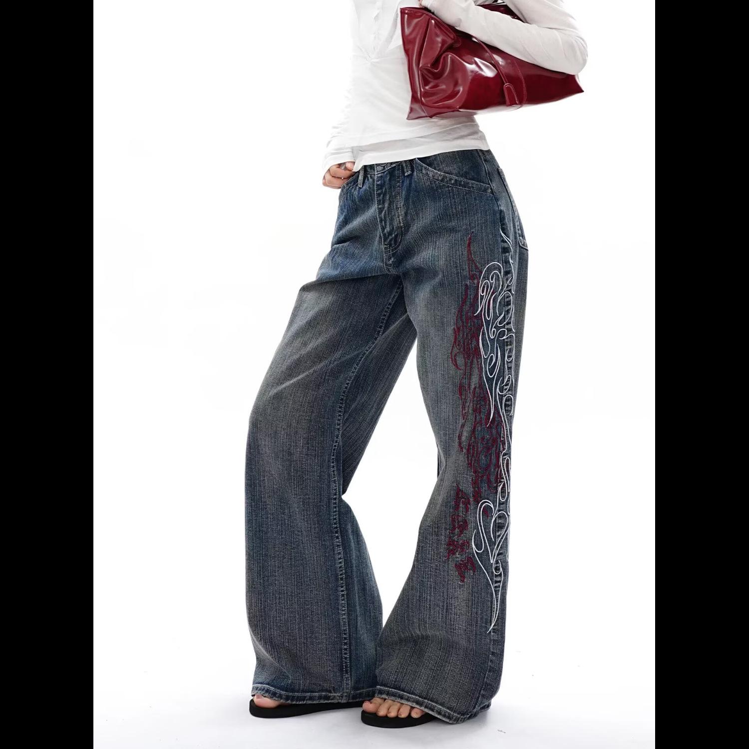 American Retro Embroidered Bamboo Texture Wide-Leg Jeans Medium