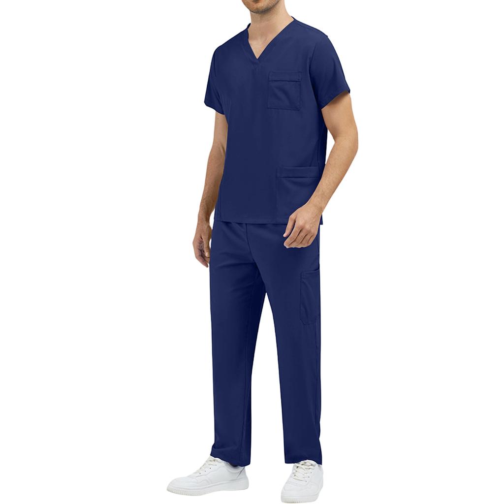 Men’s V Neck Short Sleeve Scrub Set Two Piece Uniform with Chest Pocket and Straight Leg Pants for Medical Work