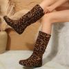Fashion Sexy Leopard Print Mid Calf Boots for Women Autumn Winter Side Zipper Fashion Boots Woman Comfortable Flat Pleated Botas Mujer