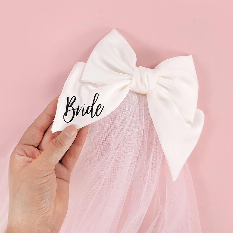 White Bride Bow Veil with Hair Clip Bridal Shower Party Decoration Wedding Photo Props Hen Bachelorette Party Supplies Gift