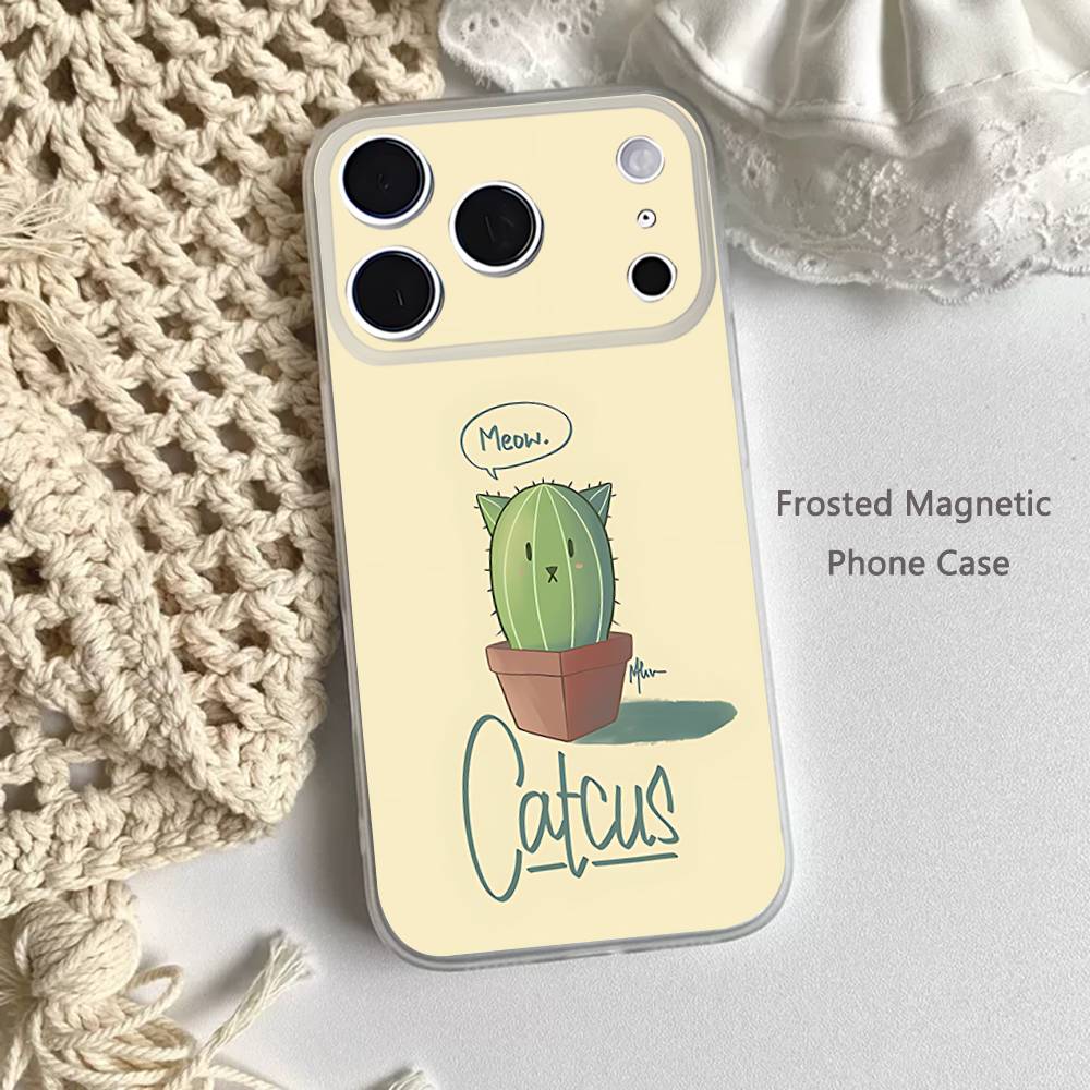 Cartoon Plant Cactus Phone Case For iPhone 14,16,12,17,13,15,11 Max,Pro,Mini,Plus,Air,E Magnetic Frosted Transparent
