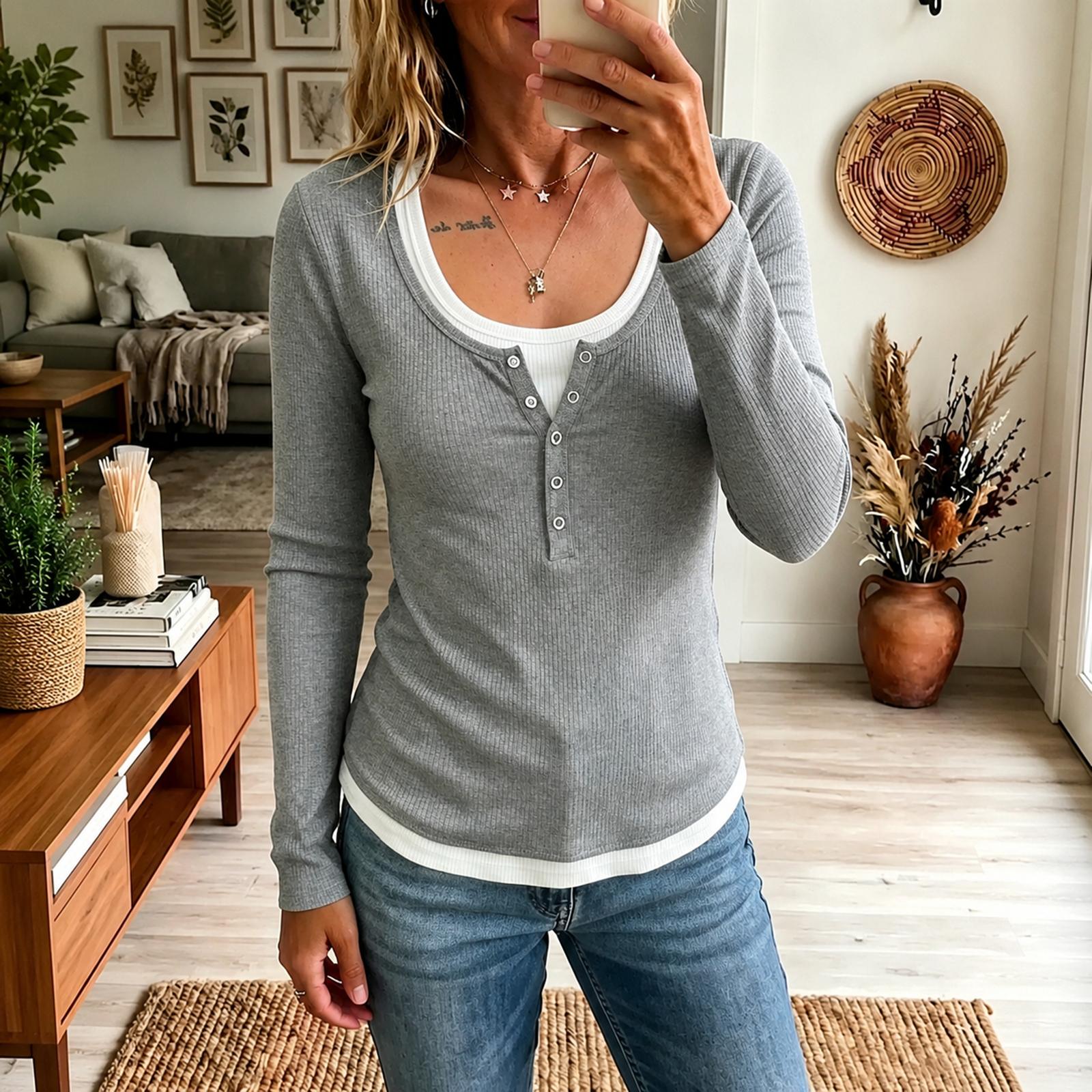 Women s Long Sleeve Color Block Fake Two-Piece Slim Fit Casual T-Shirt M