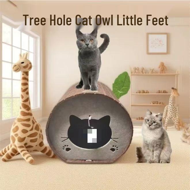 Wear-Resistant Foldable Stump Cat Bed & Claw Tunnel - Non-Stick Hair, Multifunctional Semi-Enclosed Hiding Spot