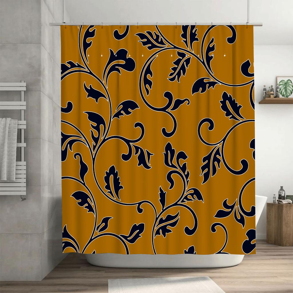 Vintage Floral Shower Curtain Waterproof Bathroom Decor with Rustic Style for Home Use Mustard Yellow Navy Blue Color Design, Si