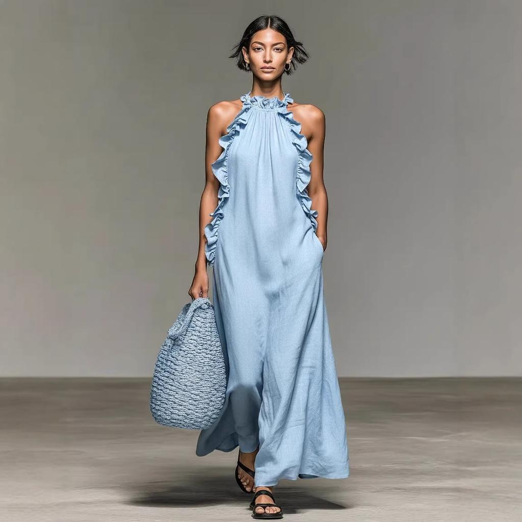 Sleeveless Ruffled Neck Maxi Dress Loose Fit Long Dress Lightweight Flowing Fabric Summer Style for Women