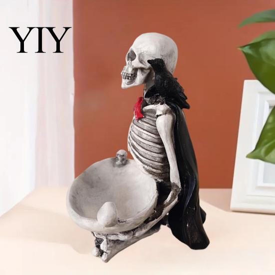 Gothic Home Decor Halloween Skeleton Decorative Tray, Storage Tray with Black Cape Red Spooky Table Centerpiece Bow, Multifunctional Desktop Organizer