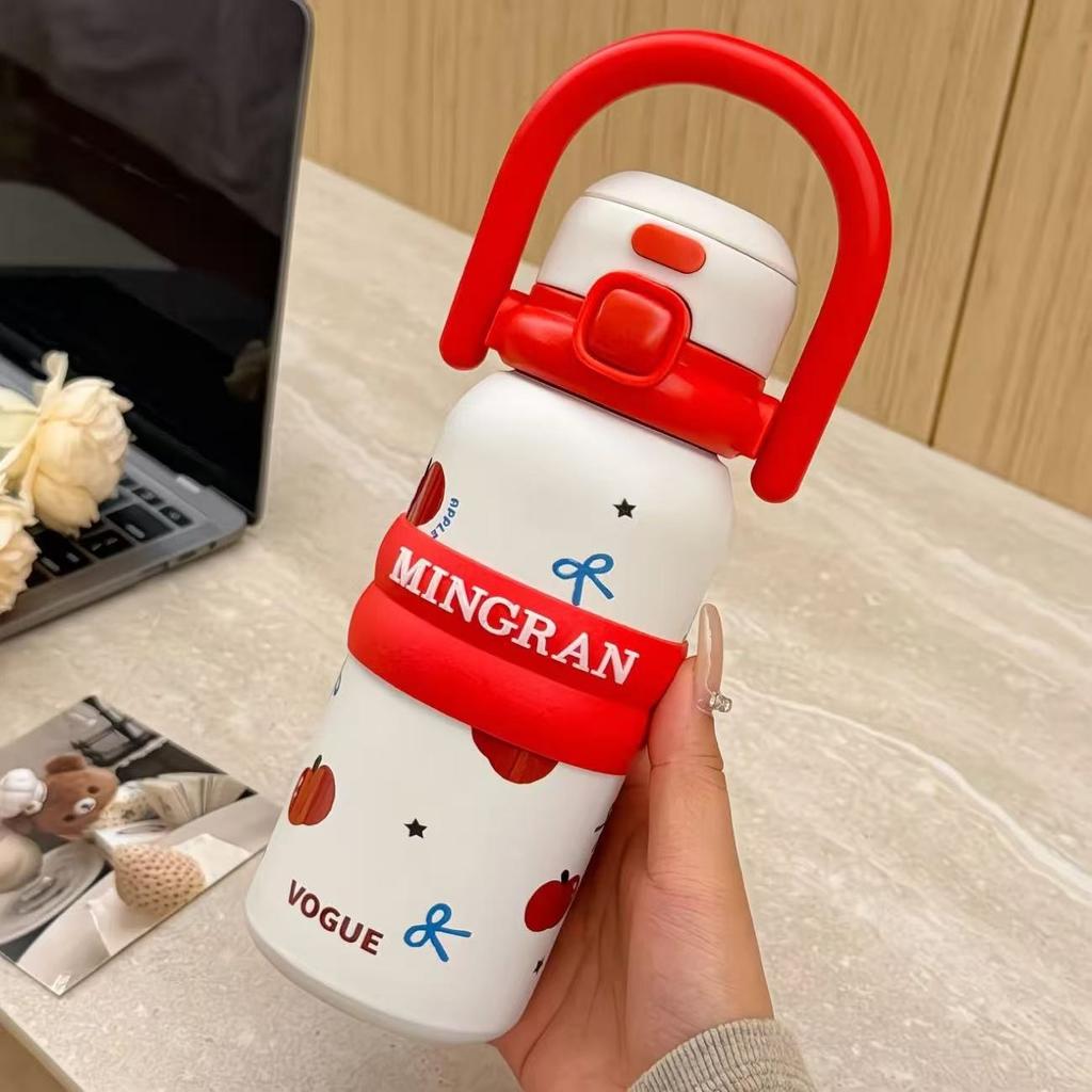 Cute Cartoon Thermal Water Bottles With Handle Insulated Cup 316 Stainless Steel Double Drinking Vacuum Flask Straw Cup 550ML