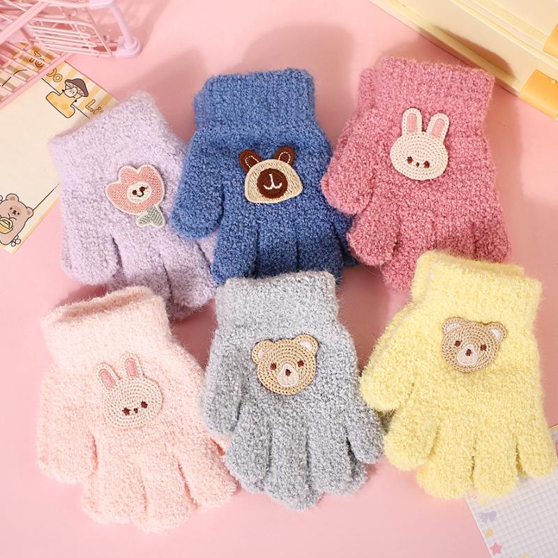 Fashion Bear Baby Fluffy Gloves Cartoon Pattern Gloves Solid Color Full Finger Knitted Mittens Girls