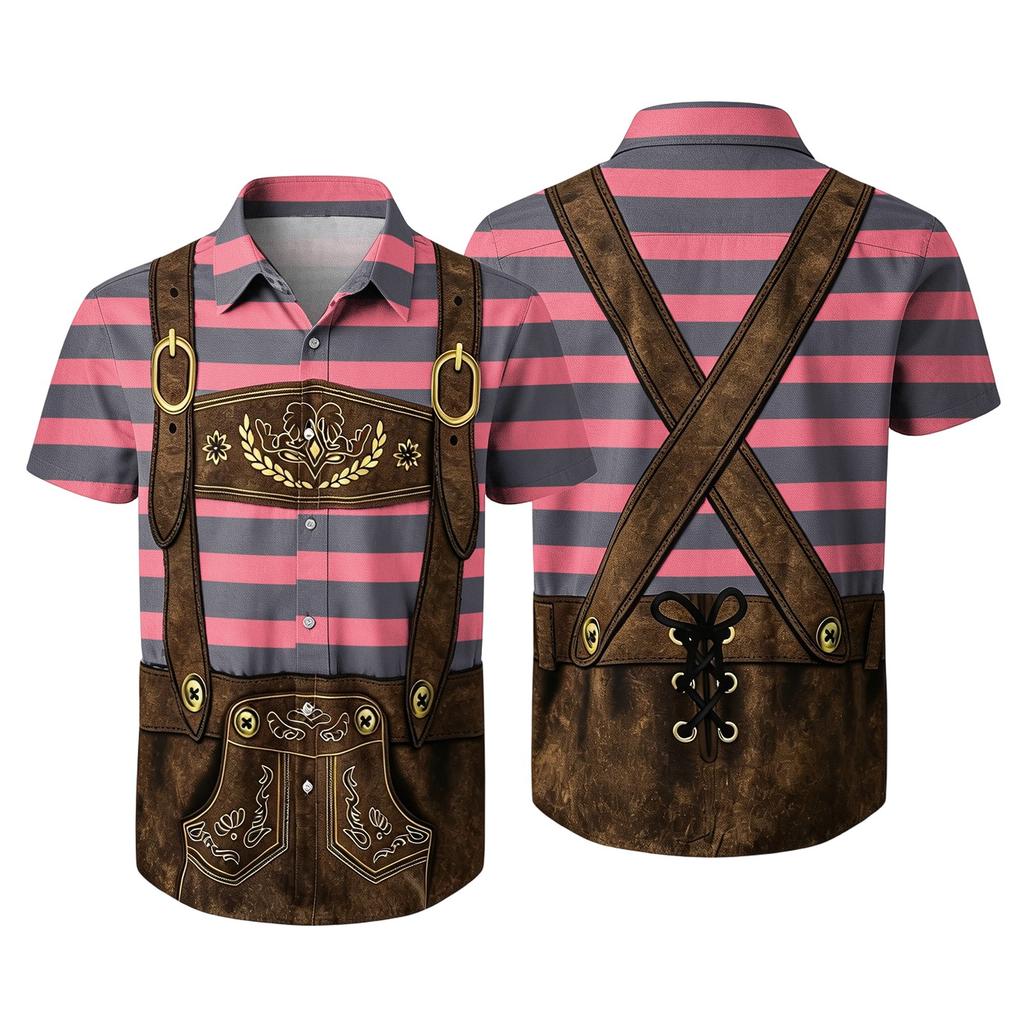 Men's Short Sleeve Button Up Shirt with Printed Vintage Beer Festival Elements Casual Loose Fit Party and Everyday Wear Shirt