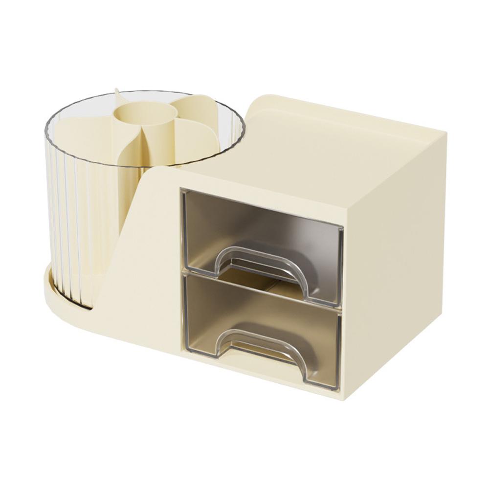 Rotating Pen Organizer with 2 Drawers Stationery Accessories Storage Box Multi-Functional Desk