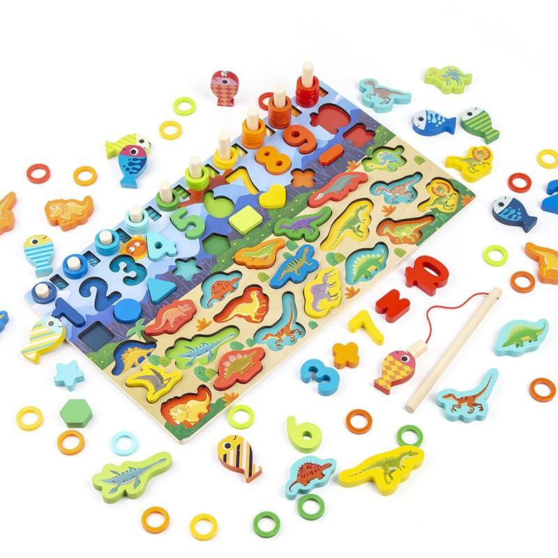 Wooden cartoon dinosaur fishing logarithmic board shape matching digital puzzle building block cognitive baby enlightenment toy