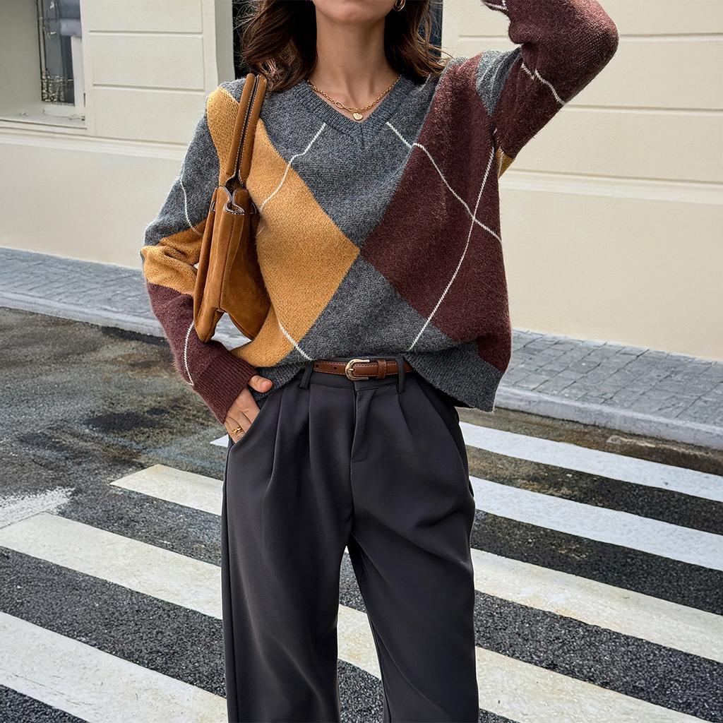 Casual Simple Color Block Woolen Long Sleeve Sweater Women's 2025 Autumn and Winter