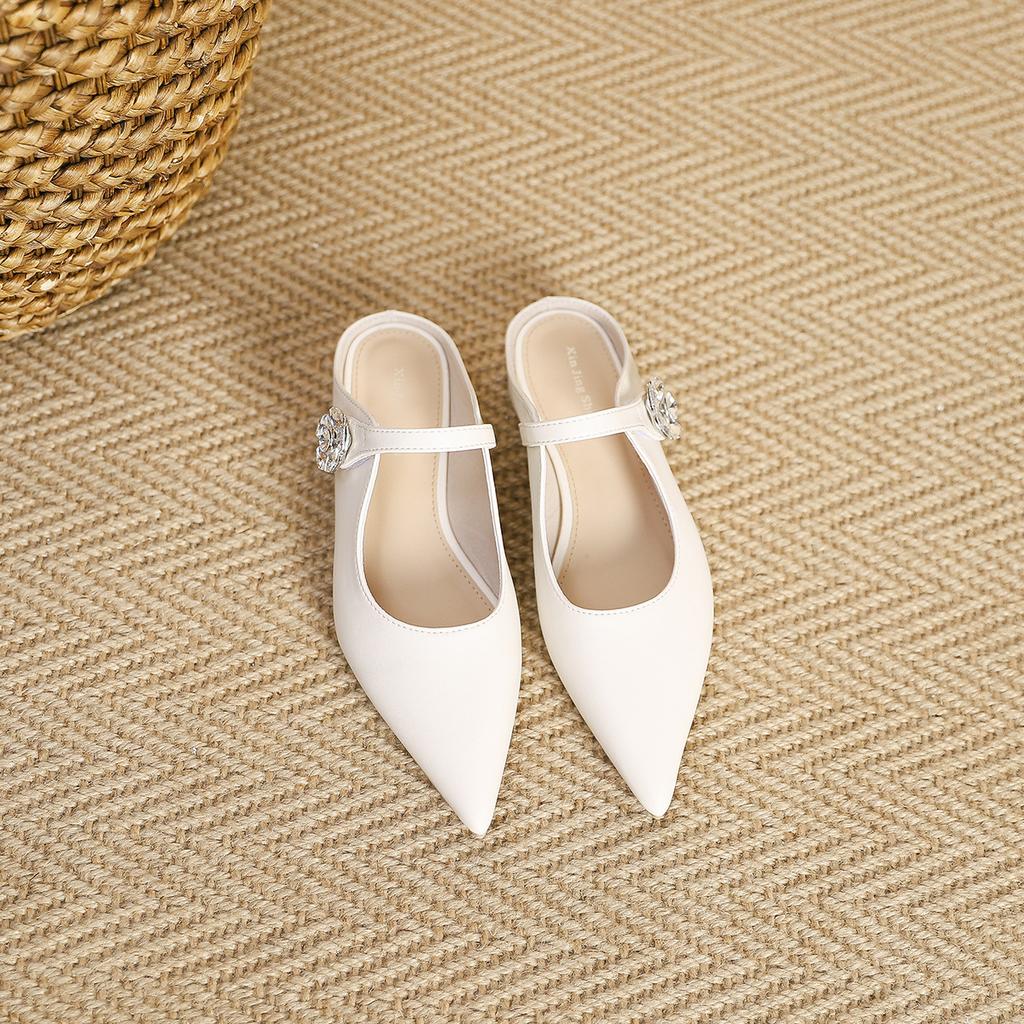 K77-2 Fairy Wind Crystal Flower Buckle Pointed Flat-soled Single Shoes 2025 New One-pedal Low-heeled Single Shoes Women's Shoes