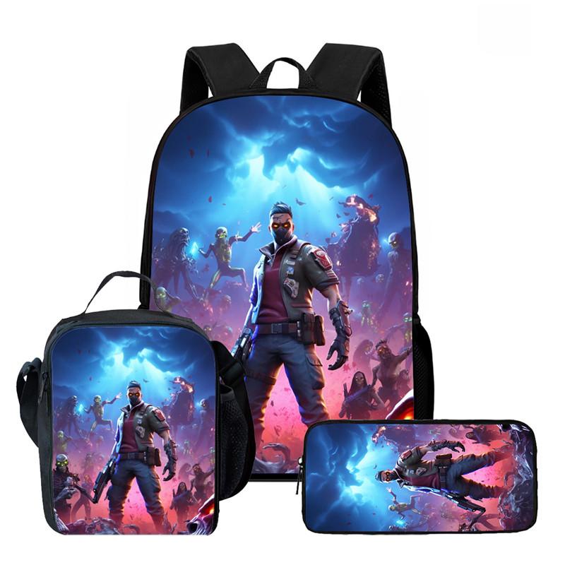 Fortnite Cartoon 3pcs Backpack Set for Boys Girls Unisex Including School Bag Lunch Bag Pencil Case Suitable for Ages 5-8
