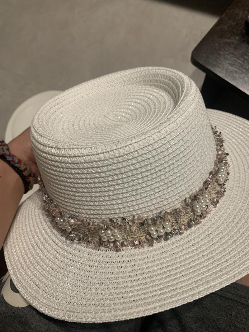 

202503-shi chic ins summer sweet pearl ribbon chain paper grass Britain grace lady fedoras cap women leisure panama hat head size 57cm