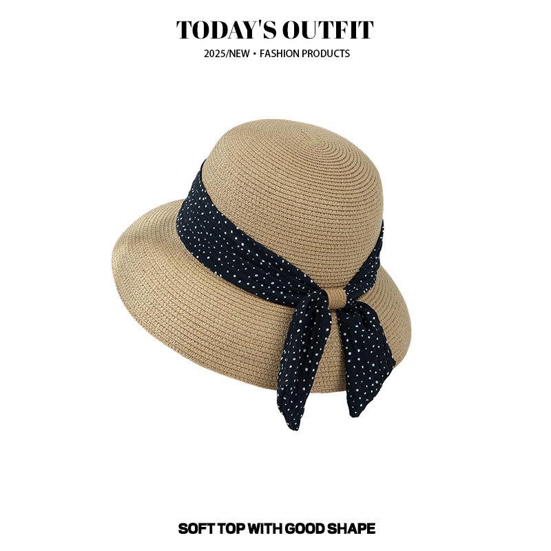 New Style Women's Summer Polka Dot Bow Basin Hat Basin Hat Large Brim Sun Protection Fisherman Hat Vacation Bucket Hat