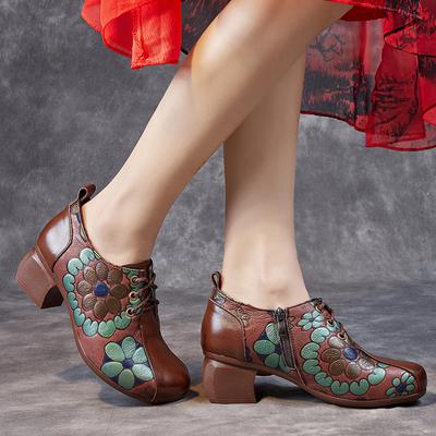 Spring and Autumn Women's Shoes Chunky Heel Non-slip Soft Bottom Single Shoes Cowhide Round Head Leather Shoes