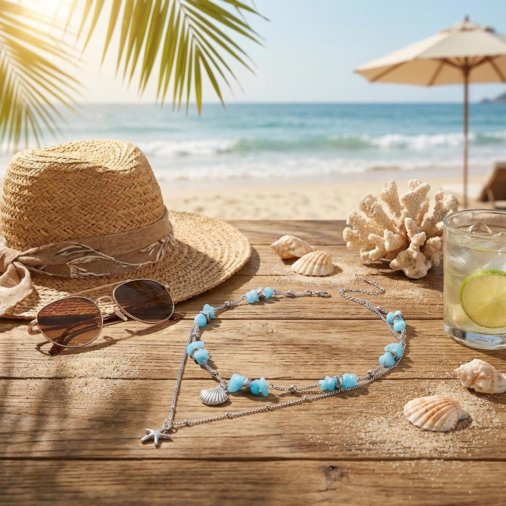 Bohemian Summer Double Layered Necklace for Women Blue Irregular Stone Beaded Starfish Pendant Choker Vacation Jewelry Gifts