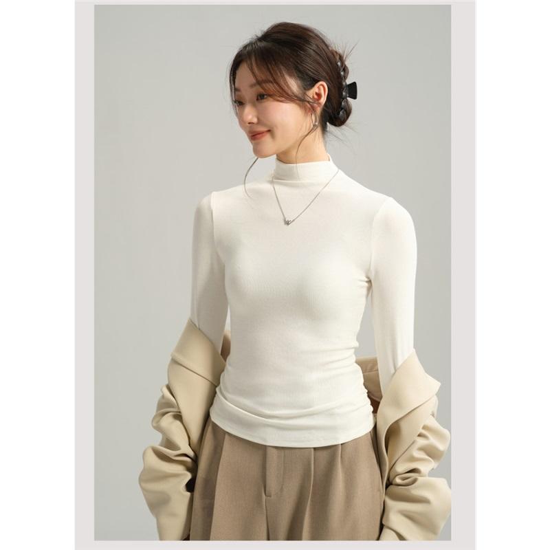Women's Autumn And Winter Inner Wear Long Sleeved Base T Shirt Top Semi High Neck Solid Color Base Shirt