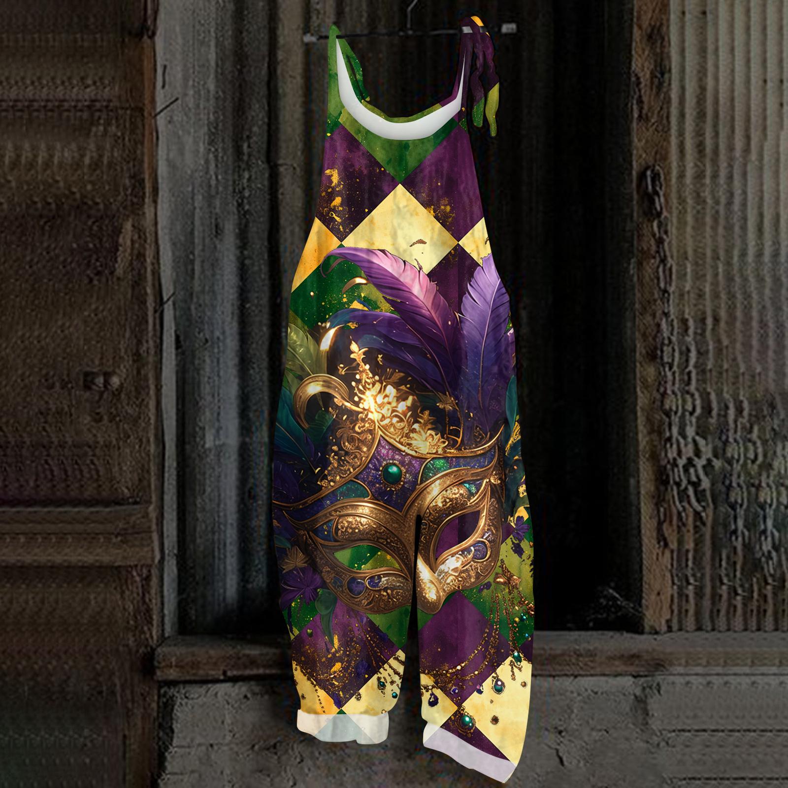

Women s Casual Jumpsuit Sleeveless Carnival Mask Print Loose Retro Overalls Jumpsuit M чорний
